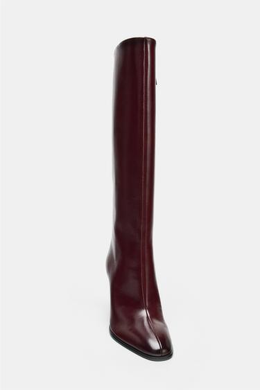 LEATHER BLOCK HEEL BOOTS - Burgundy Red by Zara - Image 4