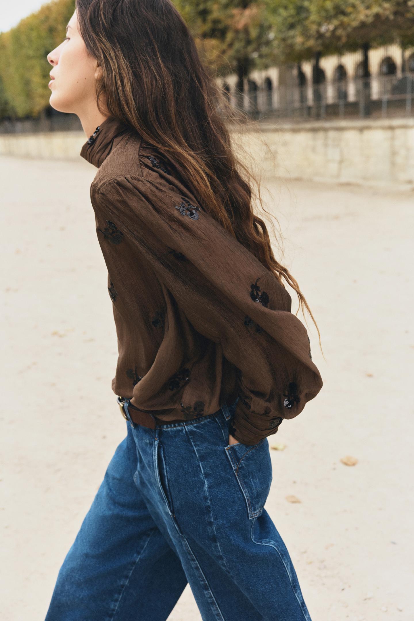 Женская блузка Zara Sequin Floral, цвет: Коричневый — фото 4