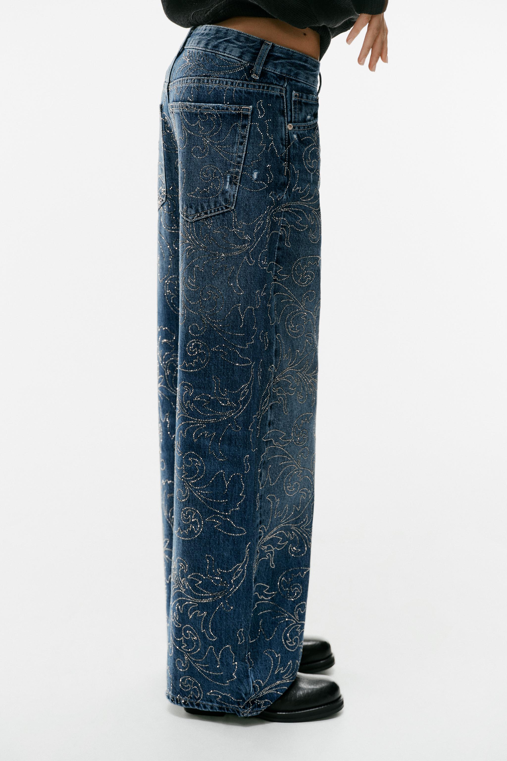 MID-RISE BAGGY RHINESTONE JEANS