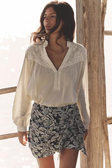 FALDA PANTALÓN NUDO BORDADOS - Azul / Blanco de Zara