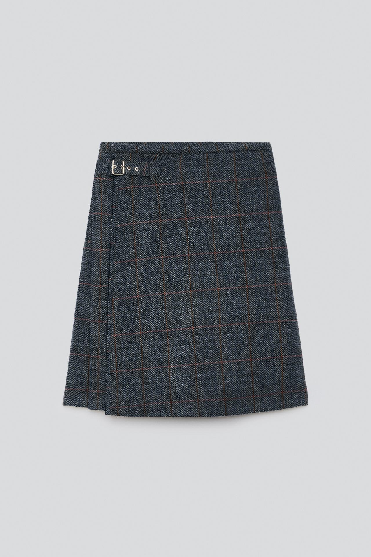 HERRINGBONE KILT SKIRT — Gray / Blue