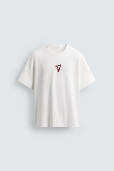 Zara COMBINED EMBROIDERY T-SHIRT - Oyster-white
