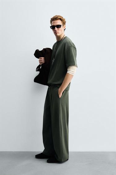 Zara WIDE FIT PLEATED JOGGER PANTS - Mid-green