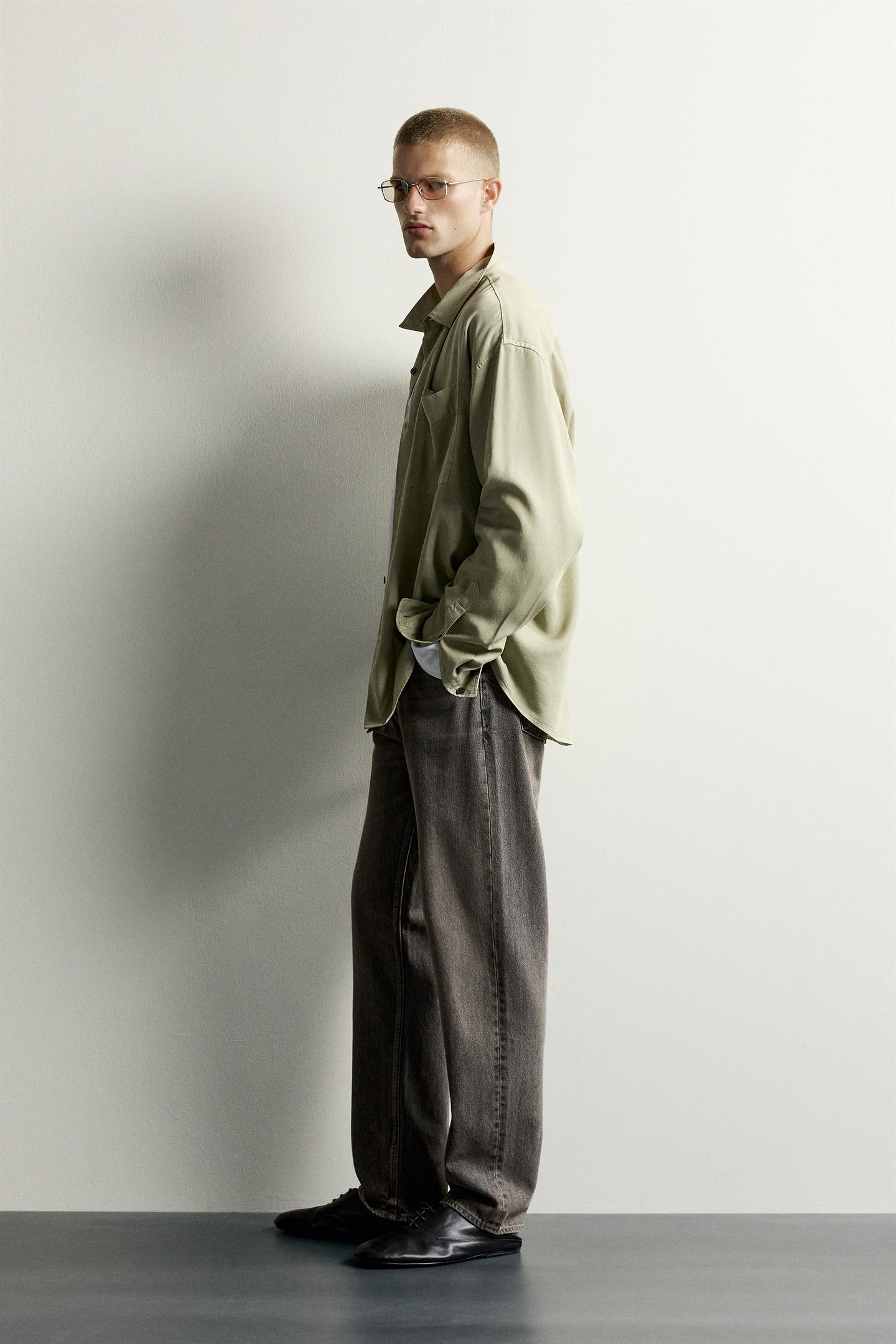 Мужская рубашка Zara Relaxed-Fit Fluid, цвет: Зелёный — фото 4