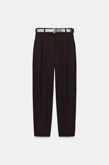 PANTALON À PINCES ET CEINTURE - Marron foncé de Zara - Image 5