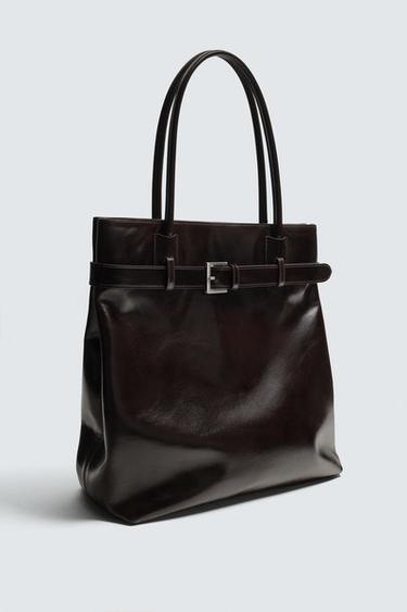 LEATHER TOTE BAG WITH BELT - Brown by Zara - Image 5
