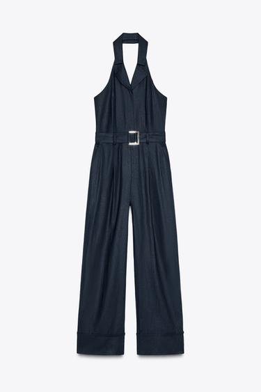 Zara HALTER BELTED LINEN JUMPSUIT - Navy blue