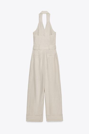 HALTER NECK LINEN BLEND JUMPSUIT - Sand by Zara - Image 6
