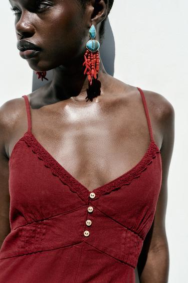 LINEN BLEND MIDI STRAPPY DRESS - Burgundy by Zara - Image 2