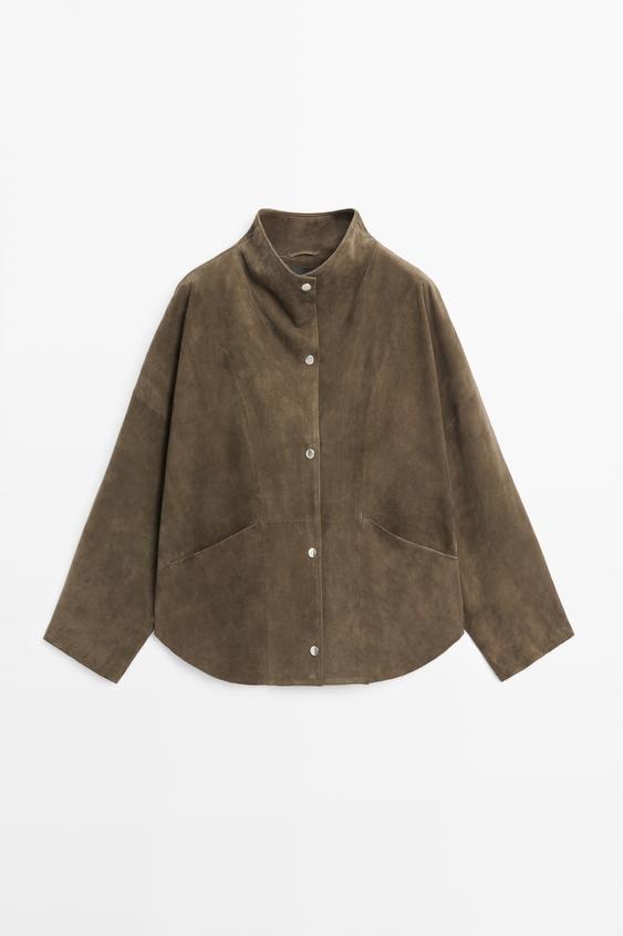 Cropped suede leather jacket with button detail from Zara - $590