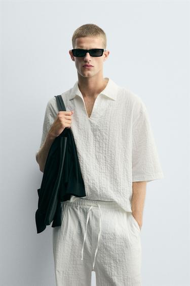 ÁO SƠ MI VẢI DỆT CỔ POLO - Màu trắng từ Zara