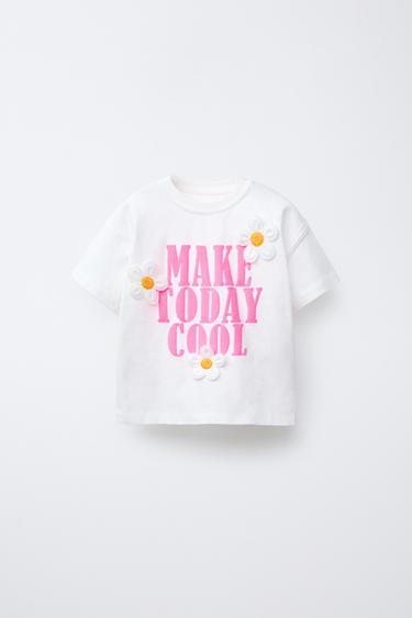 CAMISETA TEXTO APLIQUE FLORES - Blanco de Zara