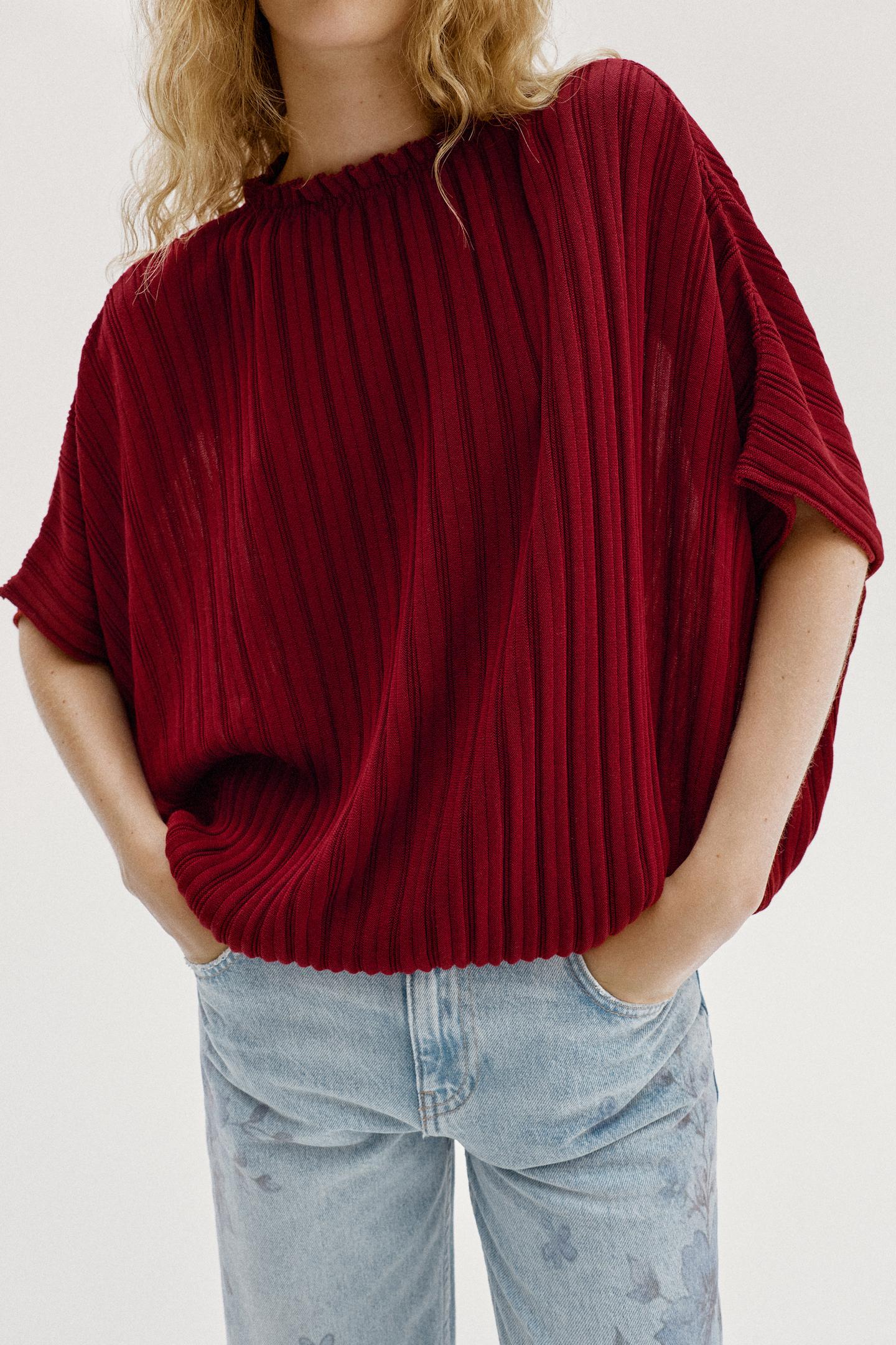 Женский топ Zara Wide Ribbed Knit Top, цвет: Тёмный красный — фото 4
