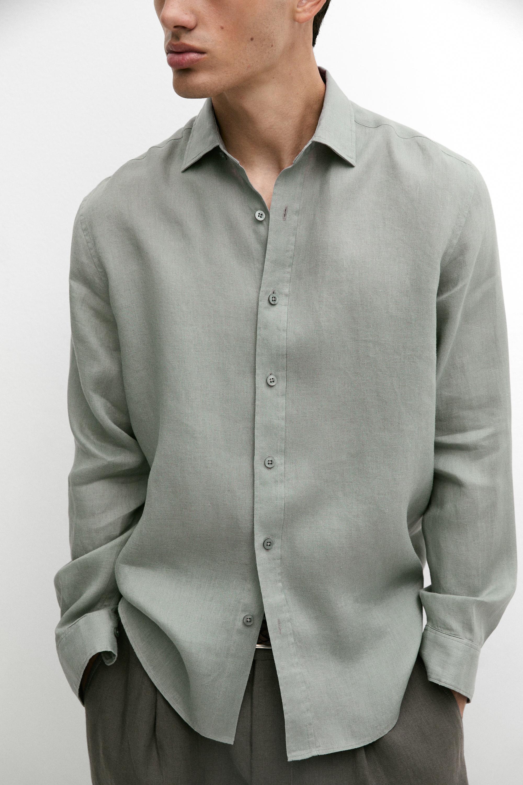 Slim fit 100% linen shirt — Moss green