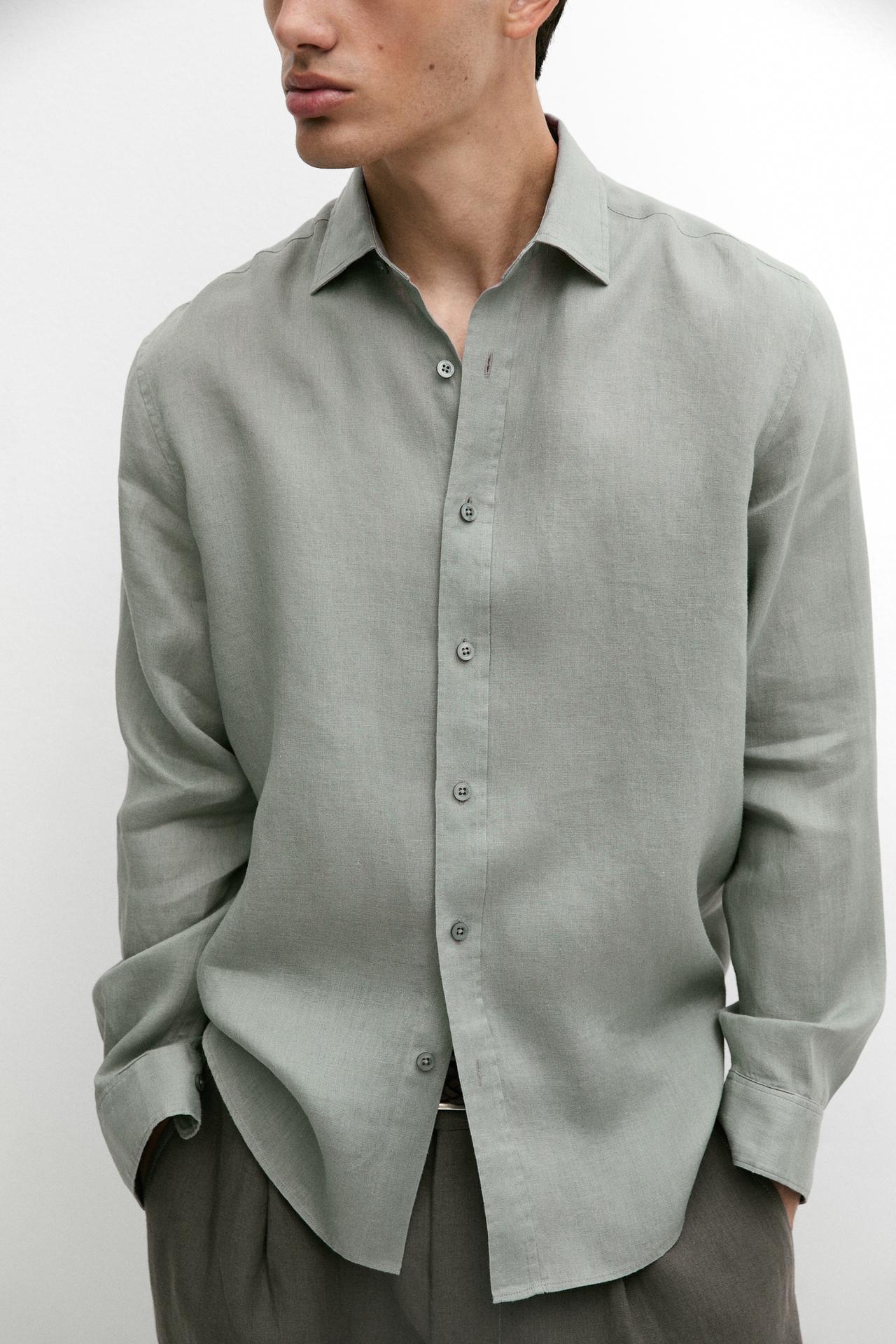 Slim fit 100% linen shirt — Moss green