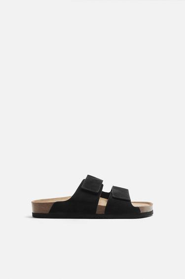 SPLIT LEATHER DOUBLE-STRAP SANDALS - Black by Zara