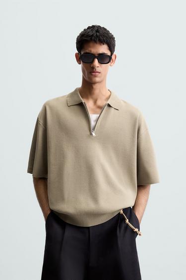 Zara RELAXED FIT KNIT POLO SHIRT - Khaki