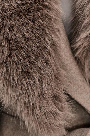 Zara WOOL COAT WITH FAUX FUR LAPEL AND BELT - Light mink