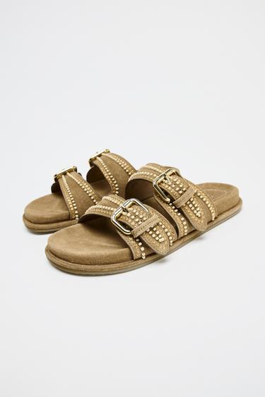 EMBROIDERED FLAT SPLIT SUEDE SANDALS - Sand Brown by Zara - Image 3