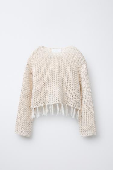 Zara FRINGED MESH KNIT SWEATER - Ecru