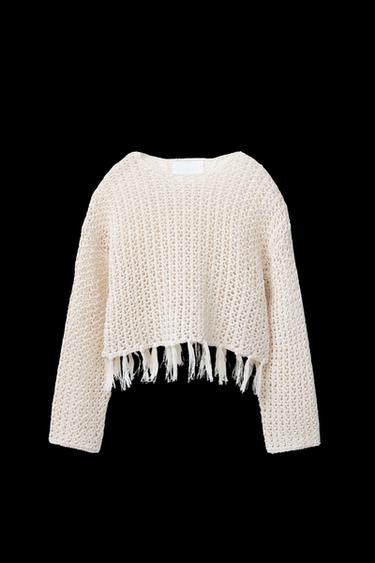 FRINGED MESH KNIT SWEATER - Ecru by Zara - Image 0