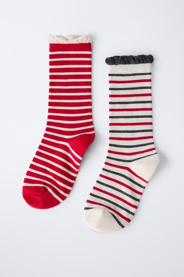 LOT DE DEUX PAIRES DE CHAUSSETTES LONGUES À RAYURES - Rouge de Zara - Image 3