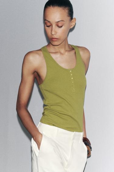 BUTTON COTTON TOP - Olive green by Zara - Image 1