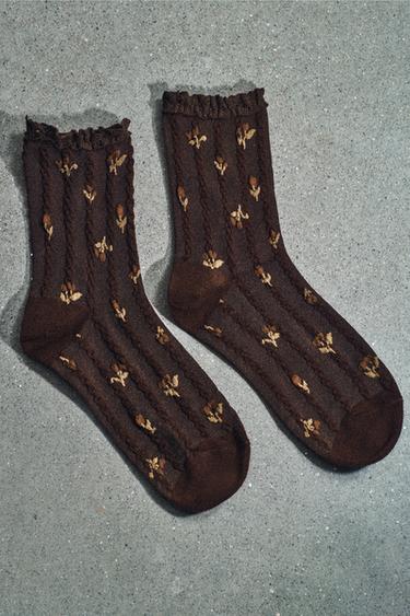 FLORAL PRINT LACE TRIM SOCKS - Brown by Zara - Image 0