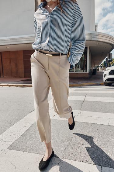 Zara STRAIGHT LEG BELTED PANTS - Beige