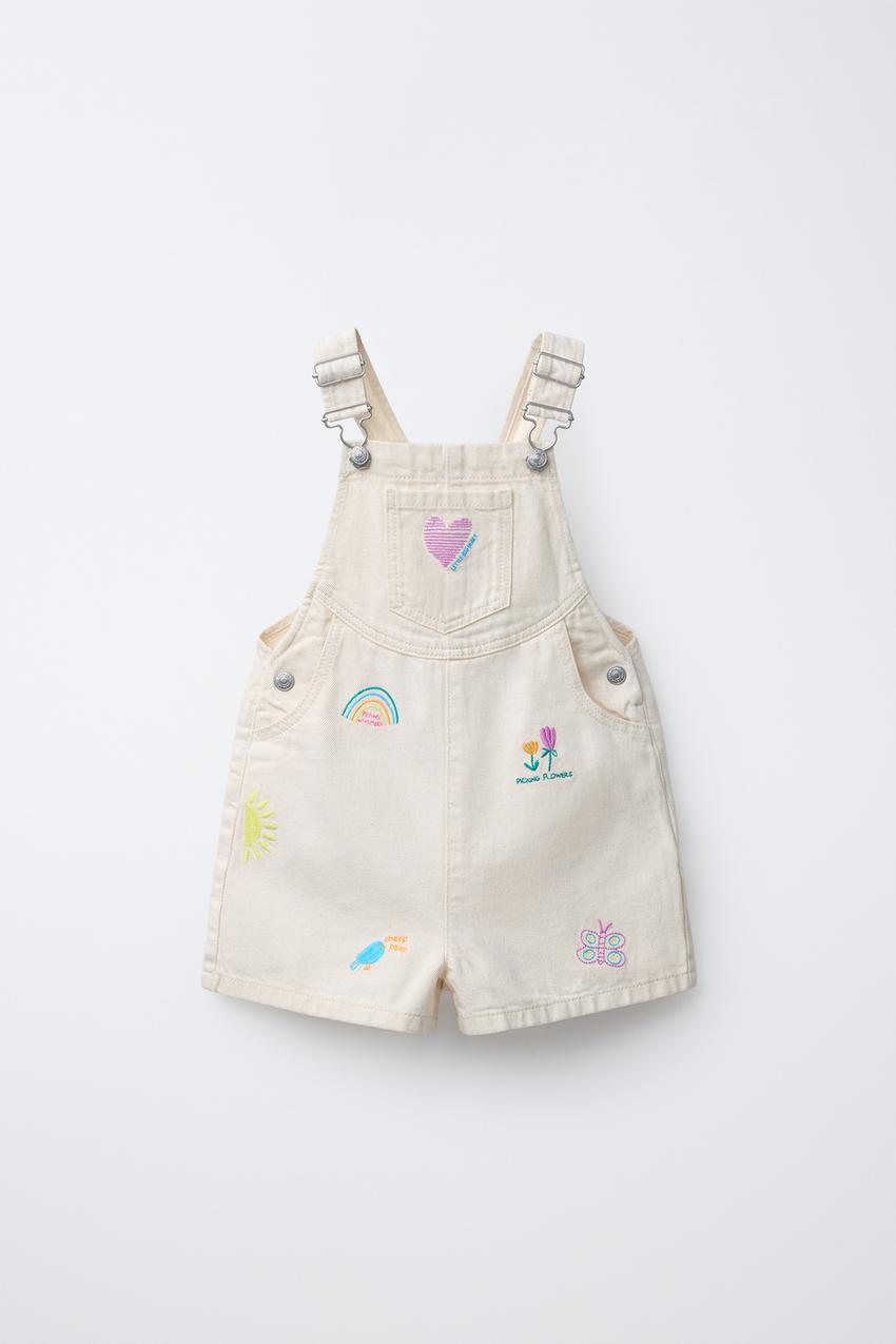 刺繍入りショート丈ツイル地オーバーオール - エクリュ | ZARA Japan 