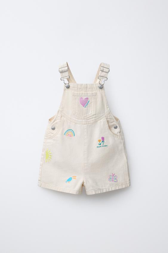 EMBROIDERED TWILL SHORT DUNGAREES - Ecru by Zara - Image 0