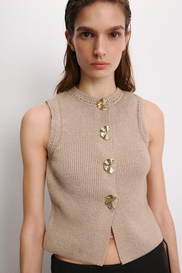 Zara KNIT VEST WITH METAL BUTTONS - Sand