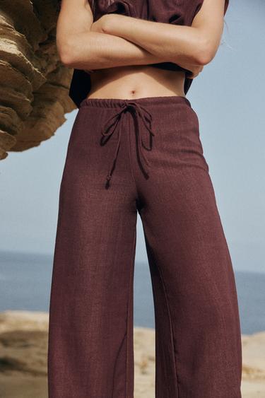 Zara RUSTIC STRAIGHT LEG PANTS - Burgundy
