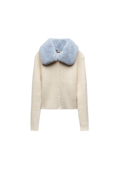 FAUX FUR COLLARED KNIT CARDIGAN