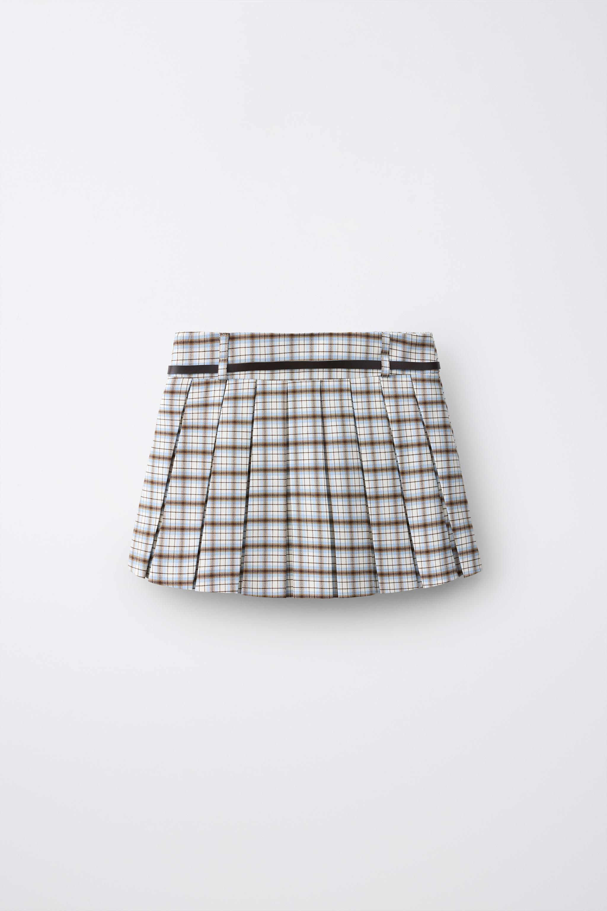 PLAID PLEATED SKORT — Ecru / Blue