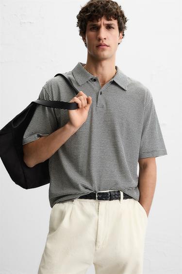 STRIPED LINEN/COTTON POLO SHIRT - Navy / White by Zara - Image 5