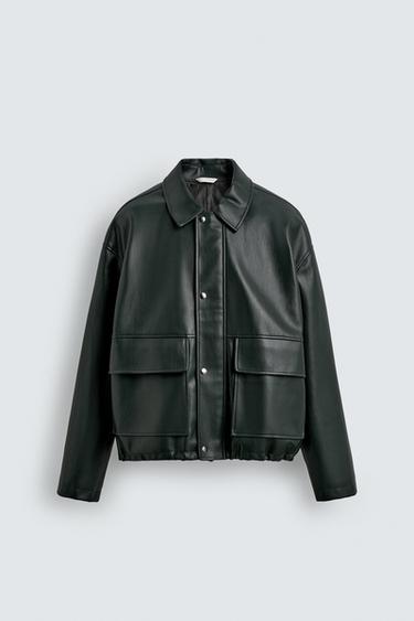 RELAXED FIT FAUX LEATHER JACKET - Dark green by Zara