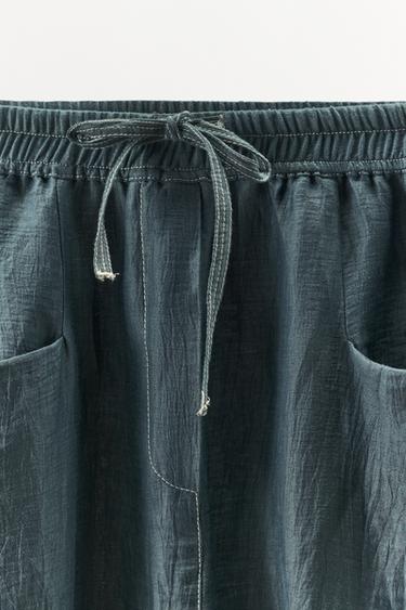 Zara LINEN PANTS WITH CONTRAST STITCHING - Green / Blue