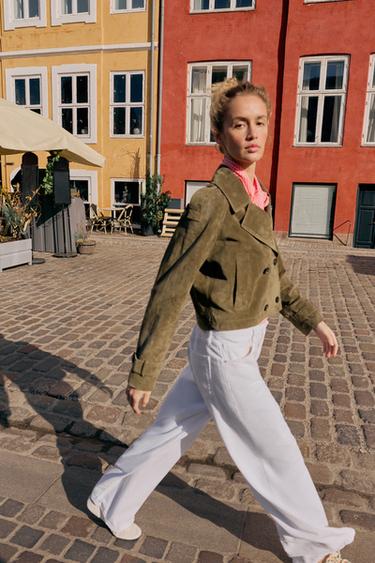 CROPPED DOUBLE-BREASTED 100% LEATHER TRENCH COAT - Dark khaki by Zara - Image 4