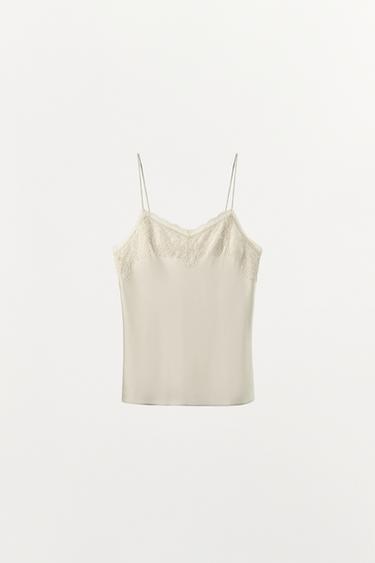 TOP LENCERO MEZCLA SEDA ENCAJE - Crudo de Zara