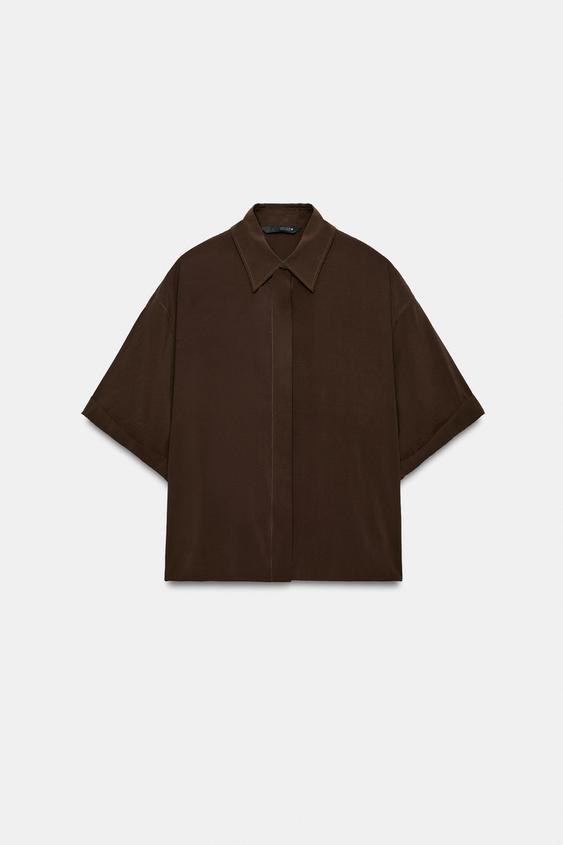 CAMISA FLUIDA MANGA CORTA - Marrón chocolate de Zara - Imagen 0