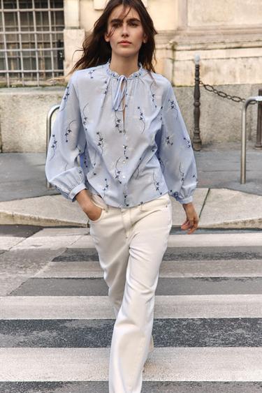 RUBBERISED EMBROIDERED PRINTED BLOUSE - Blue/White by Zara