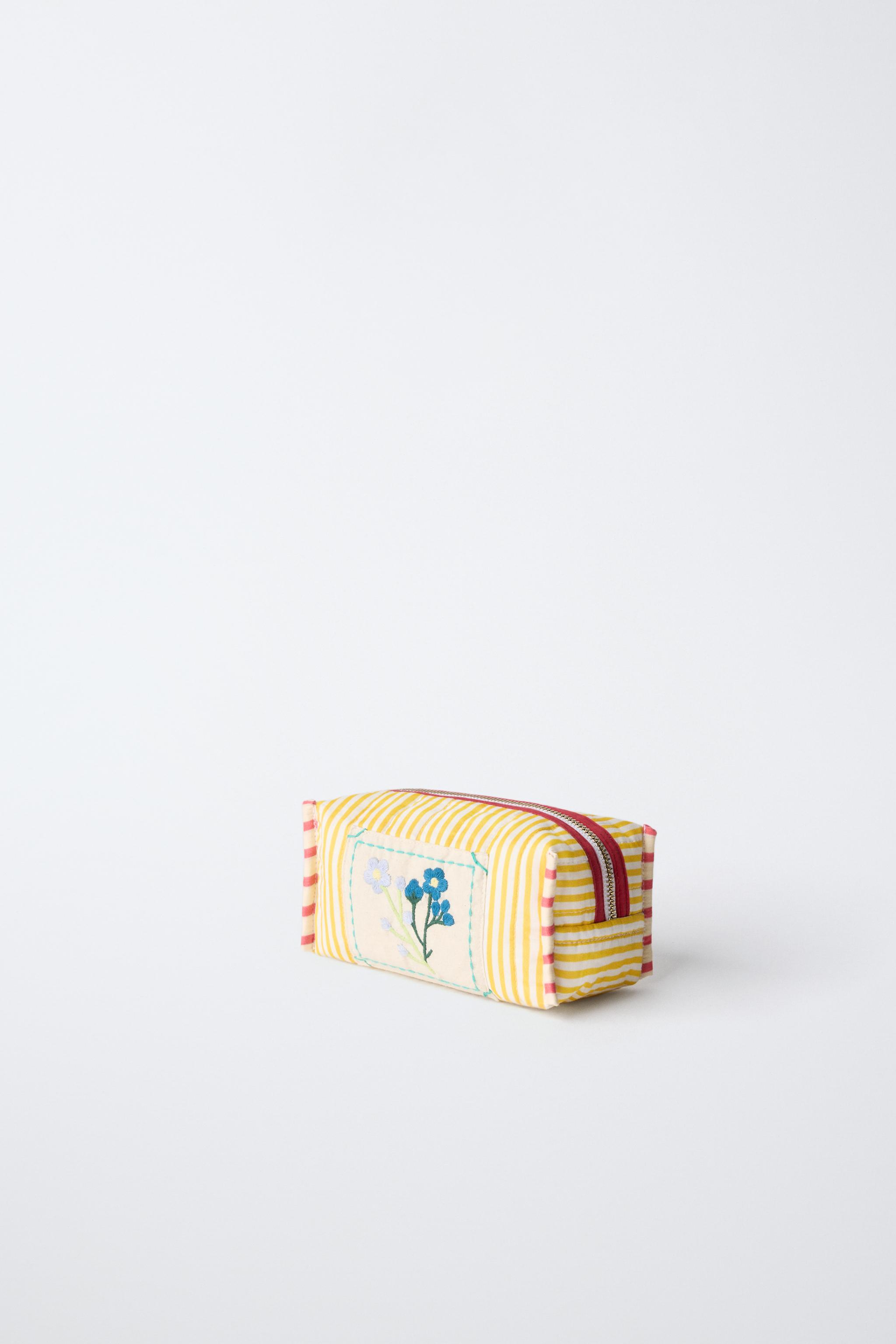EMBROIDERED STRIPED COSMETICS BAG — Yellow