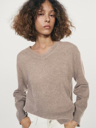 Zara V-neck knit sweater with elbow patches - Mink
