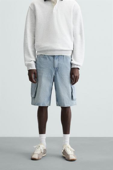 Zara CARGO DENIM SHORTS - Light blue