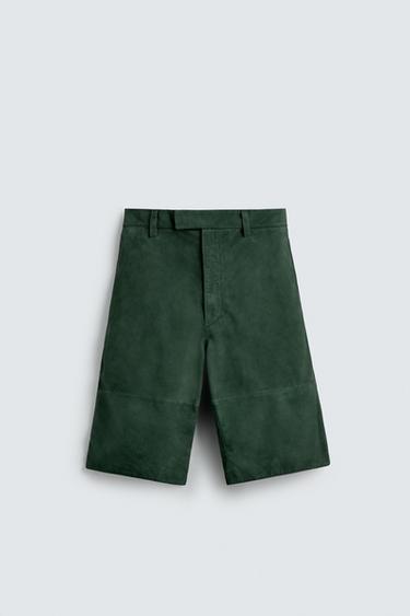 RELAXED FIT LEATHER SUEDE BERMUDA SHORTS - Green by Zara