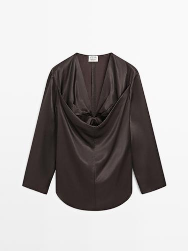 Zara Satin blouse with neckline detail - LIMITED - Chocolate