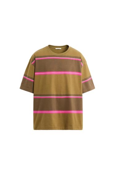 Zara STRIPED JACQUARD T-SHIRT - Brown - Image 0