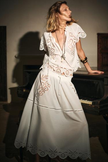 Zara EMBROIDERED LONG SKIRT ZW COLLECTION - Oyster-white