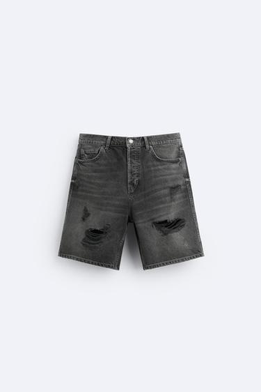 BERMUDA EN JEAN DÉCHIRÉ - Noir de Zara